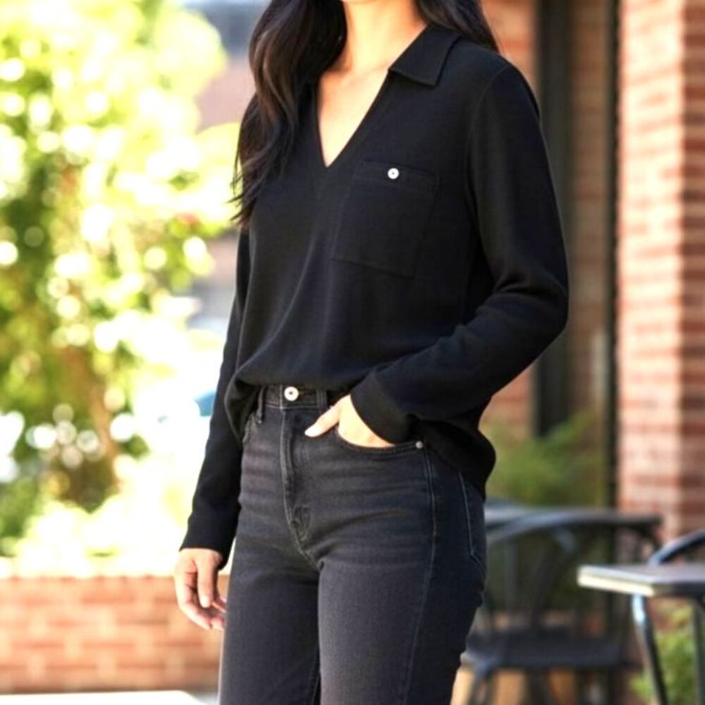 NWT Lilla P Black Cotton Modal Casual Collared V-Neck Long Sleeve Top Size Large